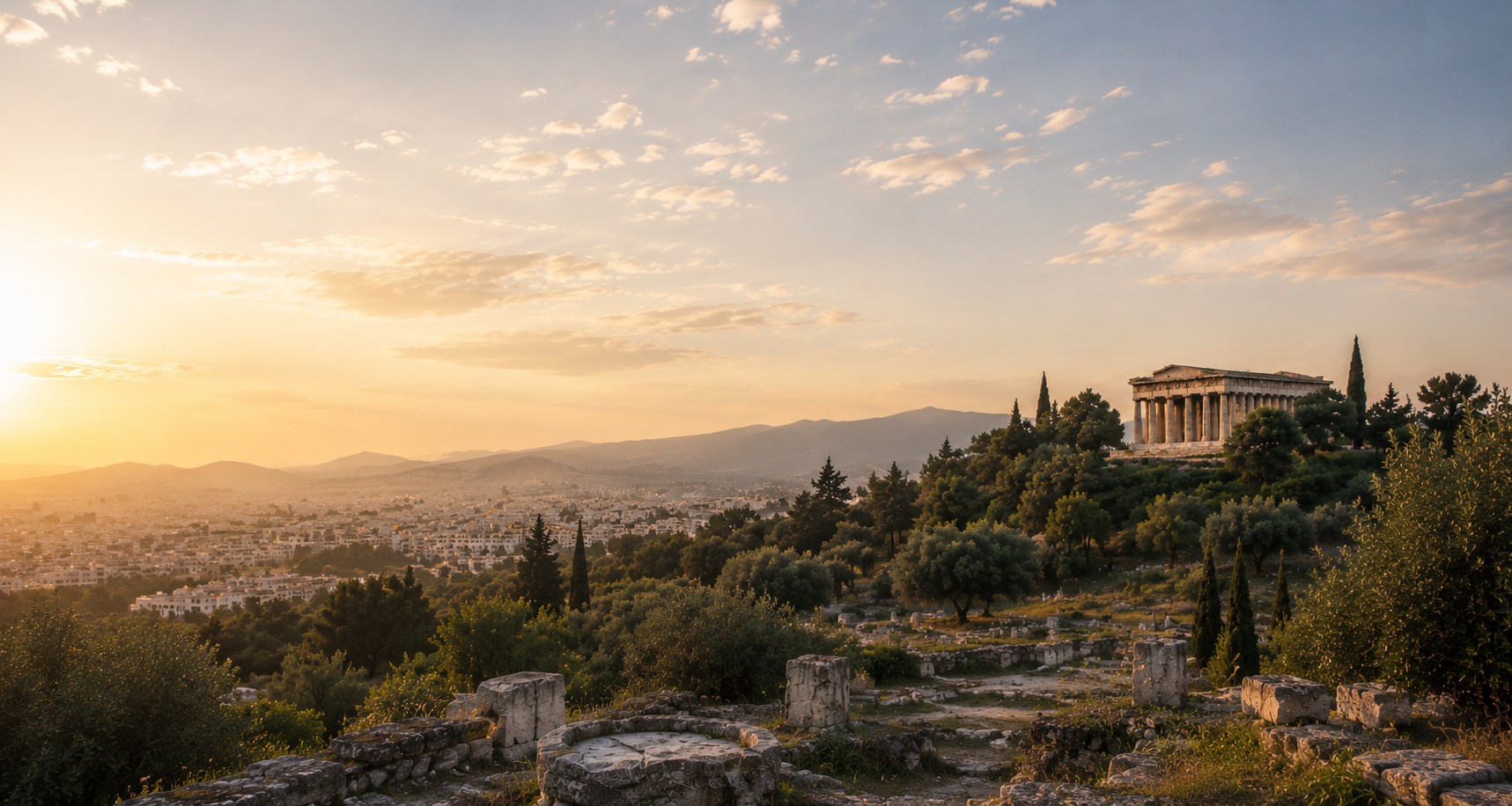 Ancient Greek Agora at sunrise with marble architecture, olive trees, and a city in the distance